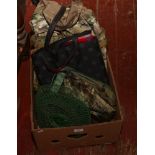 A box of fishing and outdoor pursuits to include eel traps, rucksack, ground sheet etc.