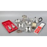 A collection of silver plated wares including James Dixon 3 part tea set, Mappin & Webb, Ronson