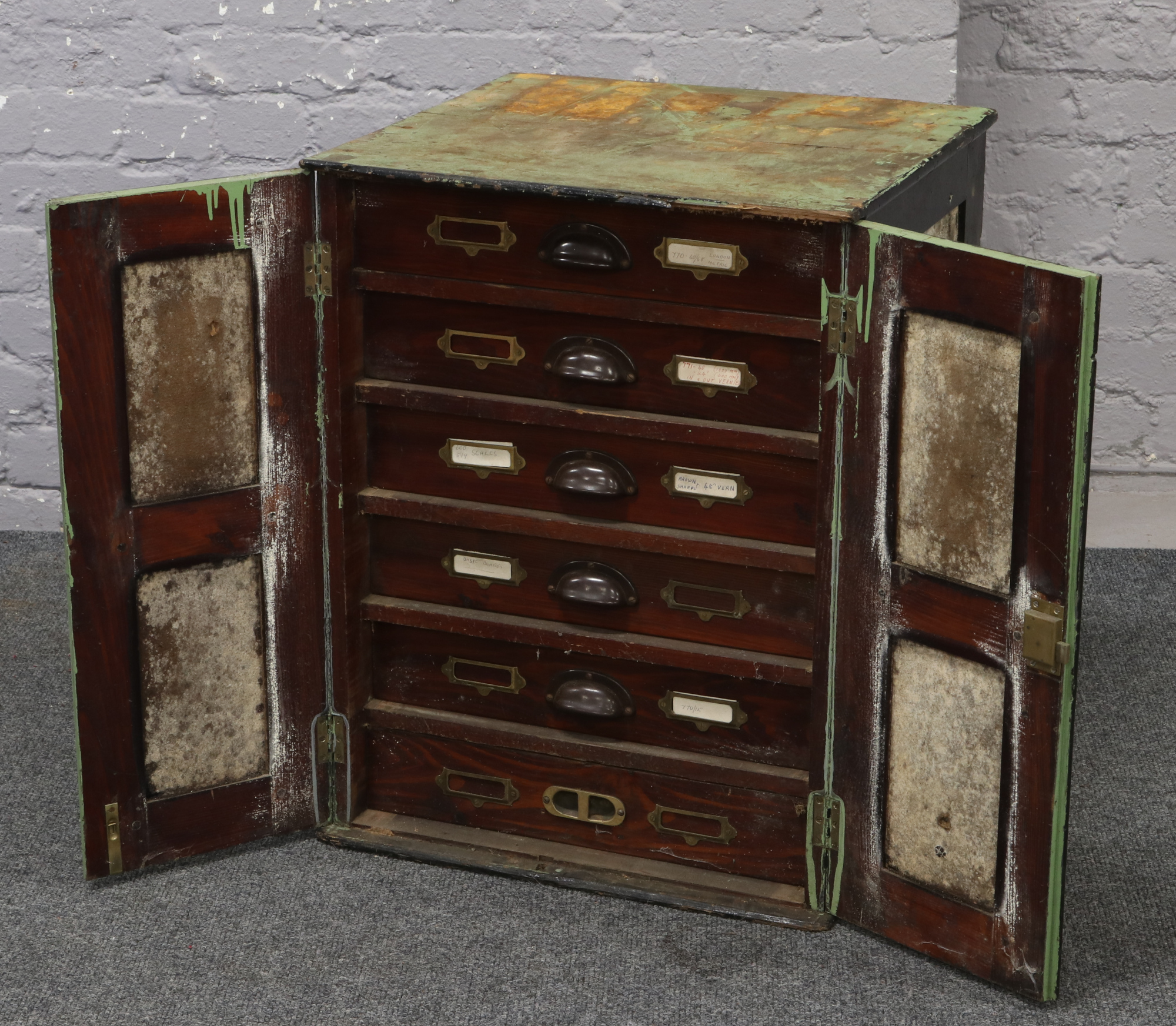 An early 20th century engineers tool cabinet fitted with a bank of six drawers.