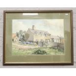 A framed watercolour, rural landscape scene with a cottage signed Shone 36cm x 53cm.