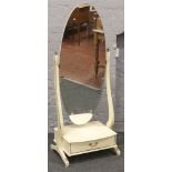 A painted cheval dressing mirror with base drawer and gilt decoration.