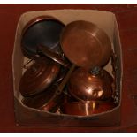 A box of copperwares to include tankards, bed warmers and cookware.