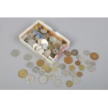 A box of assorted world coins.
