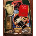 A box of memorabilia to include Wedgwood Jasperware, Home Pride large Fred figure, vintage cigarette