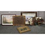 An oval bevel edged wall mirror and collection of prints including Craven Heifer, Peter Worswick Ltd