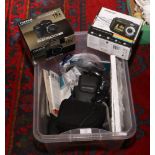 A box of cameras and camera equipment including boxed Fujifilm Finepix 52500 HD.