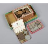 A collection of pre-decimal silver and copper English coins and medals.