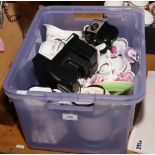 A box of miscellaneous to include Polaroid camera with flash, Kodak Brownie 127, Coalport