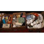 Three boxes of miscellaneous to include railway, thimbles, glassware, flatwares, ceramic teawares