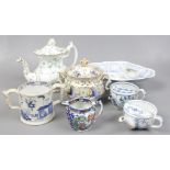 Three pieces of Rockingham including a single spur teapot printed with seaweed, along with a