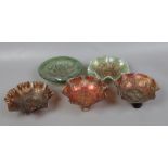 Five carnival glass dishes to include Dragon and Rose pattern, Good Luck etc.Condition report