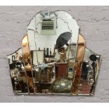 An Art Deco five glass fan shaped overmantle mirror with rose gold tinted panels, 76cm x 87cm.