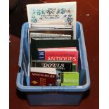 A box of books for antique collecting including samplers, dolls and Great Exhibitions.