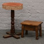 A centre pedestal gypsy style table and an oak and mahogany stool.