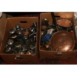 Two boxes of metalwares to include pewter tankards, bed warmer, brass bell etc.