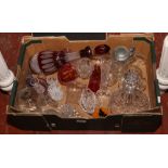 A box of assorted glassware including ruby flash decanter, paperweights and Babycham glasses etc.