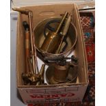 A box of metalwares to include jam pan, spitjack, sievert blow lamp, Harry Mason beer taps etc.