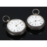 Two Victorian silver cased Waltham pocket watches with enamel dials and subsidiary seconds.Condition