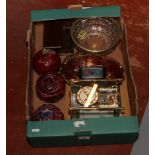 A box of miscellaneous to include Sylvac storage pots, oak desk stand, golf prints, Smiths stop