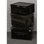 Three late 19th century painted tin executors deed boxes with painted lettering.