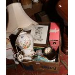 A box of miscellaneous to include punch bowls, Corgi Basil Brush car, Aynsley, lamp, ceramic dogs,
