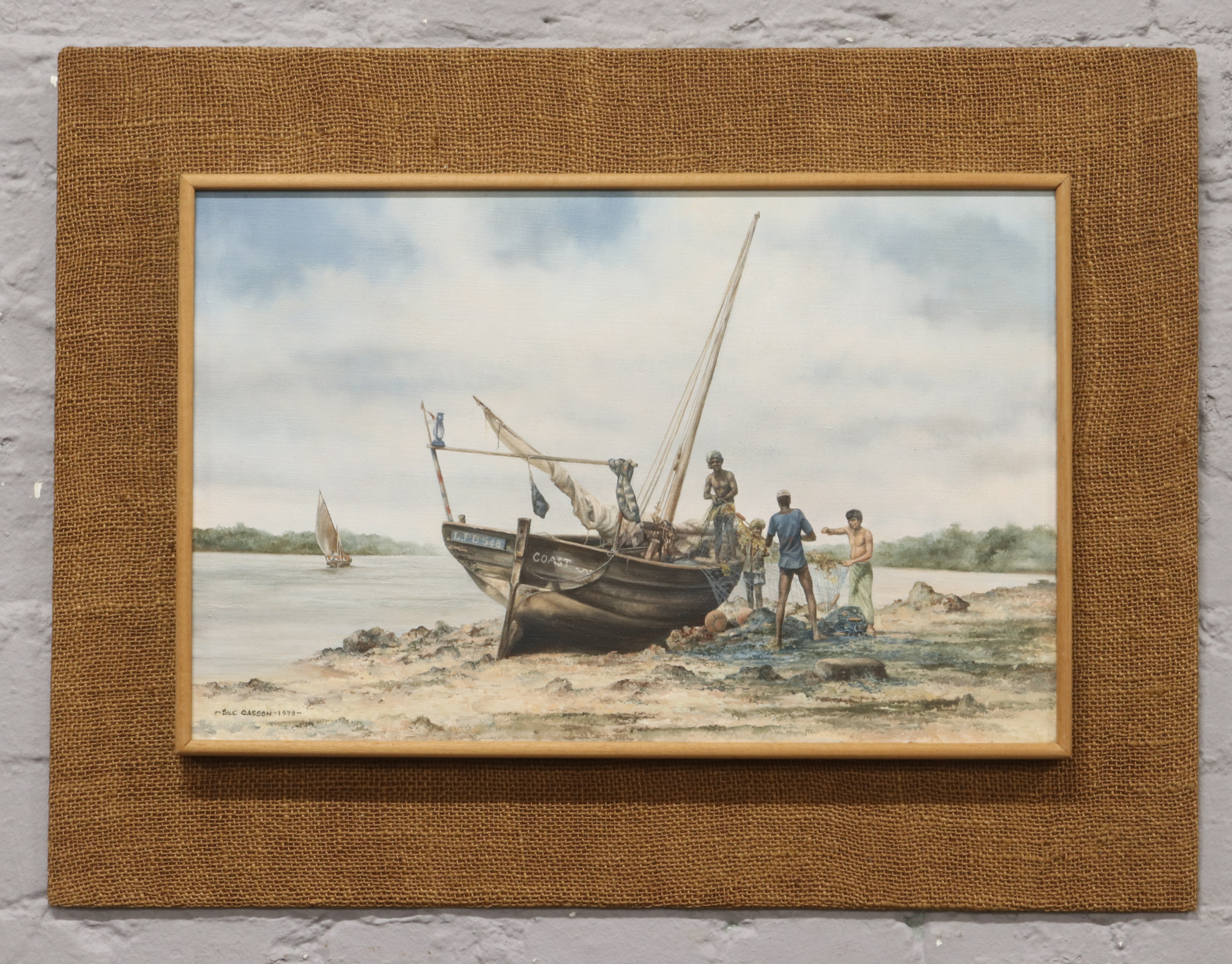 Sue Casson (British 20th century) framed oil on canvas, fishing boat on a river bank with figures,