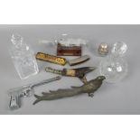 A mixed lot of collectables including two cut glass decanters, opera and Hohner mouth organs,