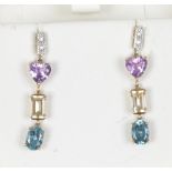 A pair of 9ct gold diamond and multi gem drop earrings.