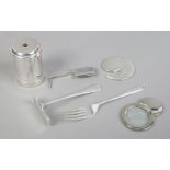 A silver Asprey & Co. sprung page marker, silver pusher and fork, silver pencil sharpener, a