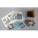 A box of pre decimal coins to include commemorative coins.