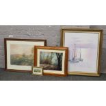 A quantity of paintings and prints to include oil painting, boat at sea, signed indistinct.