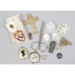 A box of jewellery and collectables to include Royal Masonic Institution for Girls badge, manual