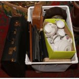 A basket of miscellaneous including Smiths Enfield Bakelite mantel clock, French porcelain coffee