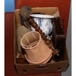 A box of miscellaneous including crocodile skin bag (AF) gas mask and foot warmer etc.