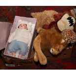 Two boxes of soft toys and dolls to include boxed Leonardo collection porcelain baby doll.