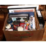 A box of mostly sport related items to include football shirts, collectors cards in album and loose,
