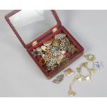 A mounted jewellery box and assorted costume jewellery including Art Deco clip and white paste