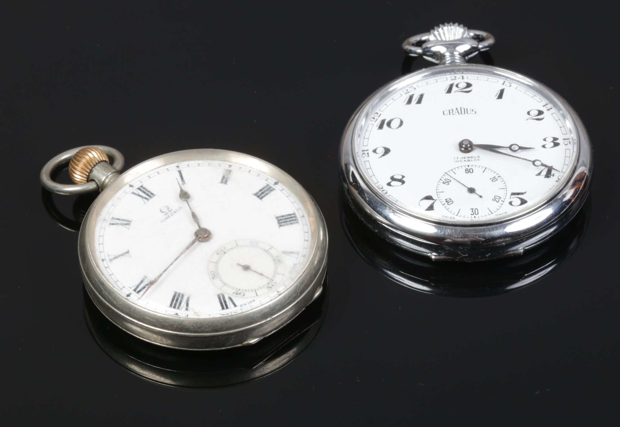 An Omega pocket watch with enamel dial and subsidiary seconds, along with a Gradus pocket watch in
