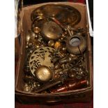 A box of brassware to include teapot, animals, enamelled oriental examples etc.