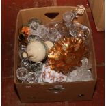 A box of ceramics and glass including carnival glass c1900 teaset Sylvac, crystal decanters and