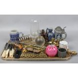 A tray of antiques and collectables including carved boxwood figures, celery jar, German stoneware