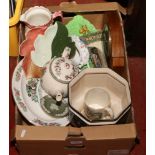 A box of mixed crockery, including Royal Winton, Carltonware, Wedgwood jasperware and Adams Cries of