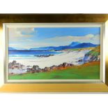 JEAN FEENEY 'Calva Bay, Iona' framed oil on canvas, no signature visible. Frame 69 by 39cm