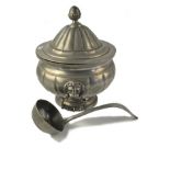 Victorian pewter soup tureen with acorn finial and lion head handles, with a ladle [30cm high