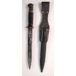 Unusual German bayonet, .... numbered 2845 on the top of the blade. ... Leather scabbard with