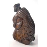 Wooden Netsuke of Japanese lady and a fish approx 5cm tall