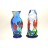 2 Caithness glass vases with poppy design on a blue base [H:22 and 24cm approx]