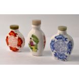 A selection of 3 hand painted antique c19th century Chinese porcelaine snuff bottles all intact,