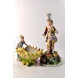 Hand painted GERMAN ceramic figurine with large leaf Bon Bon style holder, L: 20cm H: 18cm at