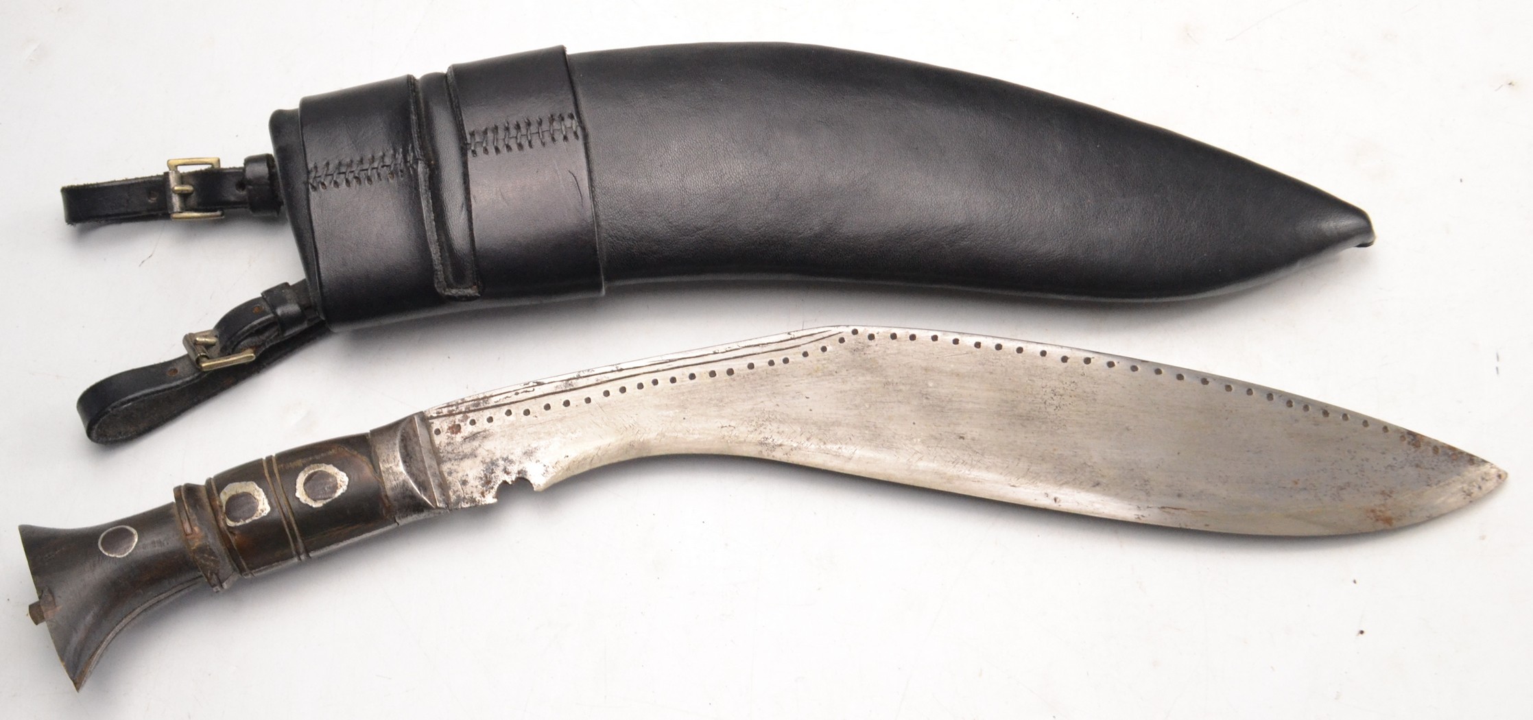 Gurkha Kukri knife with black leather sheath, blade length 30cm approx.